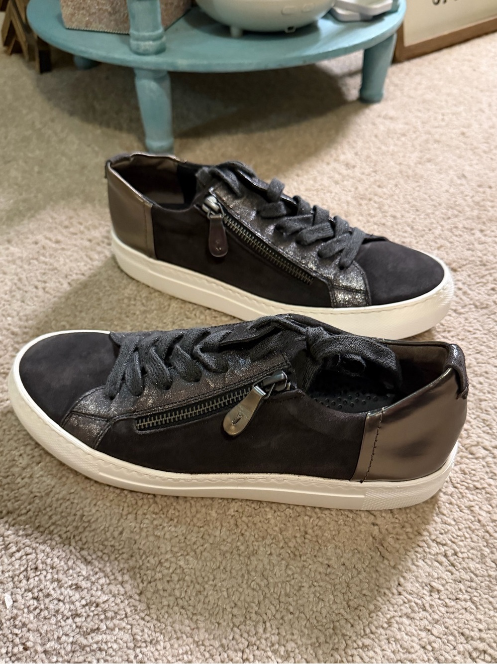 Paul Green Toby sneakers crafted charcoal gray suede featuring side zipper 5.5